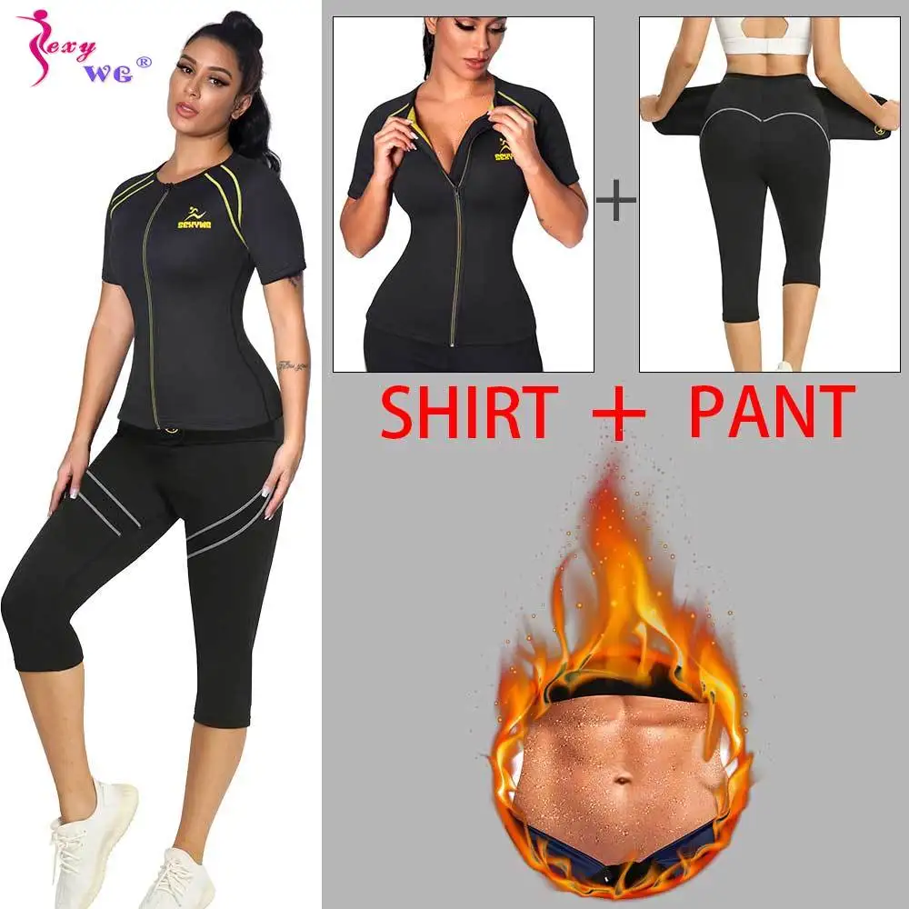 SEXYWG Women Sauna Suit Neoprene Sweat Set Weight Loss Pant Top Compression Workout Leggings Slimming T-Shirt Capris Body Shaper