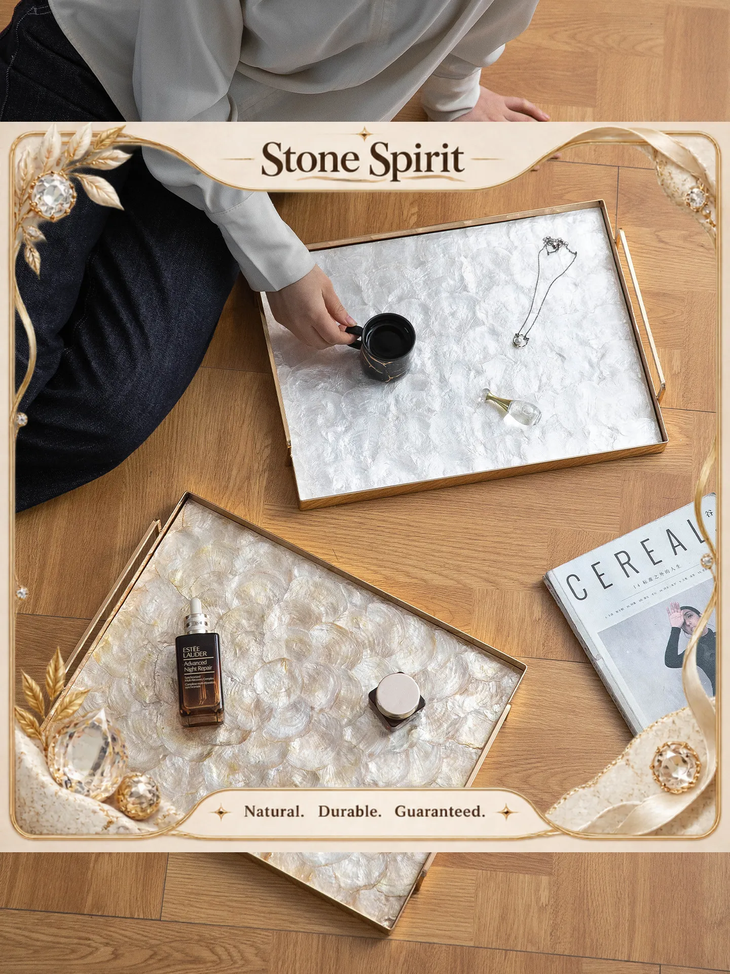 【Natural】Luxury Gold Metal Tray with Mother of Pearl Inlay, Rectangular Serving Tray for Coffee Table Jewelry Home Decor