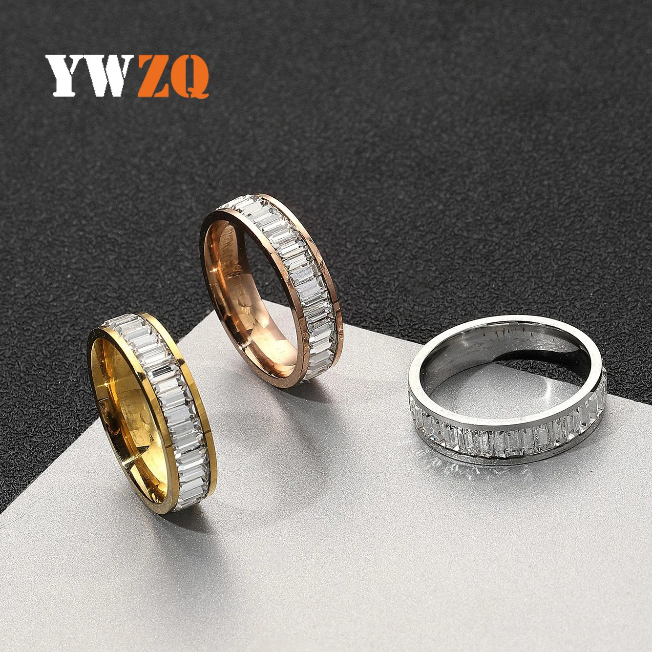 Cross-border New Stainless Steel Ring Rectangle Zircon Ring Titanium Steel Diamond Pair Ring Jewelry Manufacturers Direct Supply