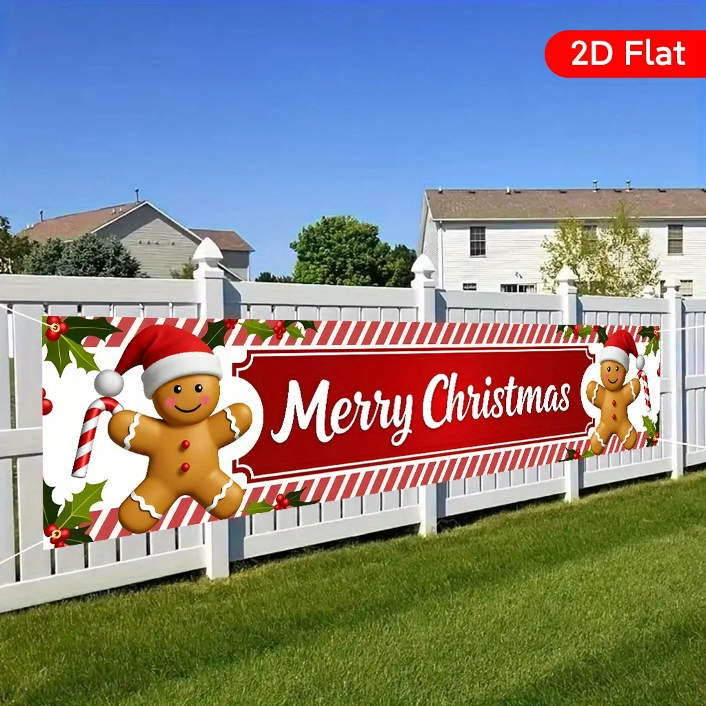 A 2D banner featuring two gingerbread men and a Christmas hat, with candy stripes and holly leaves. Made of durable polyester.ZL