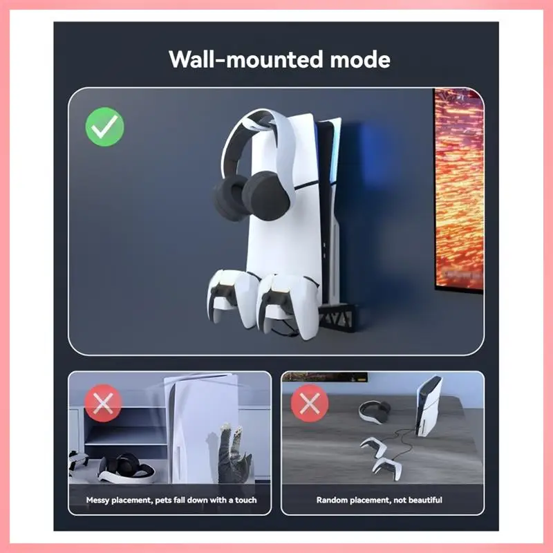 

N91R-Для PS5 Настенная зарядная станция с держателем гарнитуры Настенная подставка для зарядного устройства для PS5 и PS5 Slim, дисков и цифровых устройств