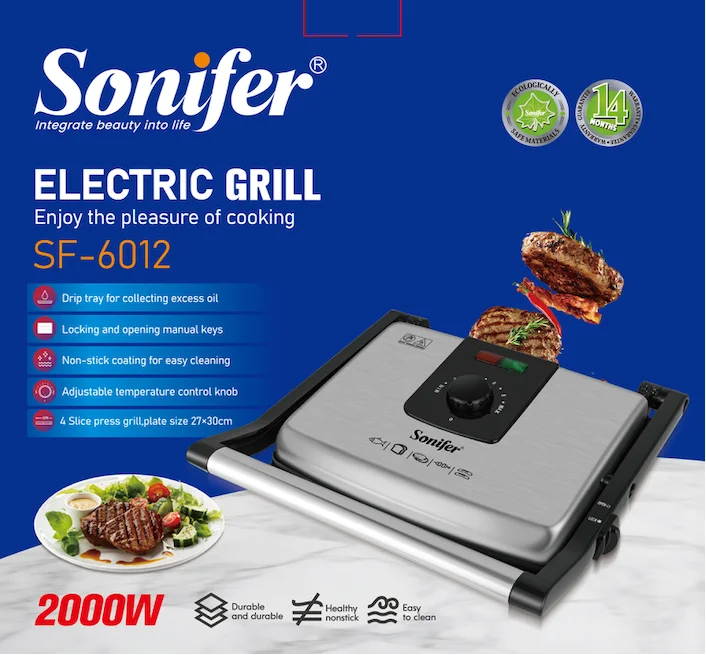 Electric Grill Sonifer SF-6012 2000W Contact Grill Non Stick Panini Press Stainless Steel BBQ Maker for Home Kitchen