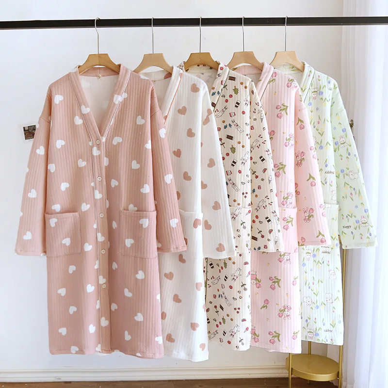 

Autumn Winter Bathrobe Female V-neck Pajamas Padded Women Large Size Long 100% Cotton Nightgown Casual Sleepwear Women's