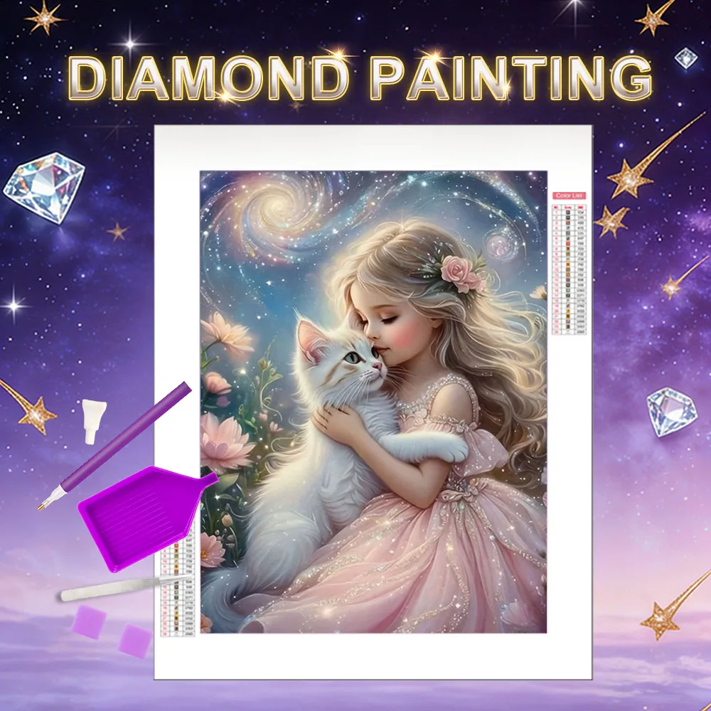 HUACAN 5D DIY Diamant-Mosaik Mädchen-Katzen-Porträt Wanddekoration Komplettset Quadratische Runde Strass-Bilder Sternenhimmel-Malerei