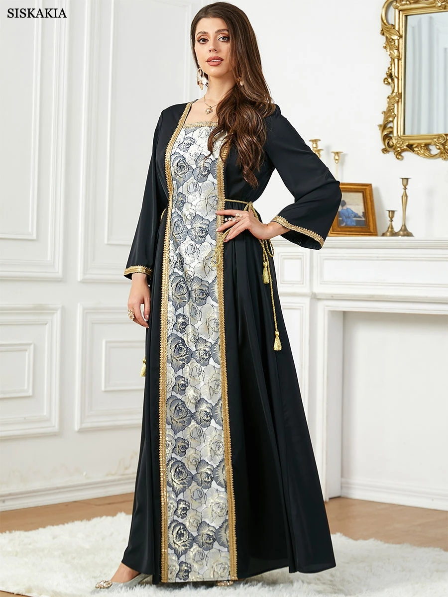 Siskakia Fashion Dubai Abaya Muslim Woman Kaftan With Belt Square Collar Moroccan Saudi Long Dress Elegant Robe Clothing 2024