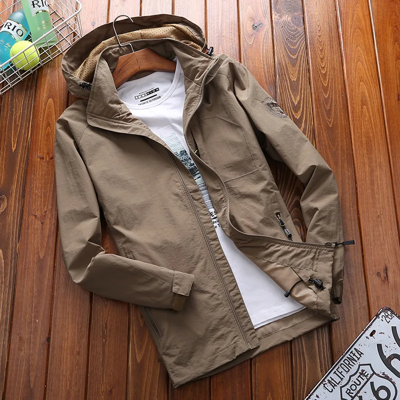 Cargo Jacket for Men Hooded Coats Solid Color Outdoor Top Autumn Windbreaker Lightweight Men Clothing Fashion Thin Breathe Coats