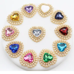 Brand New 10 Pieces 26*28mm Heart Shaped Faux Pearl Acrylic Rhinestone Buttons Handmade Metal DIY Wedding Decor Bow Hair Ornamen