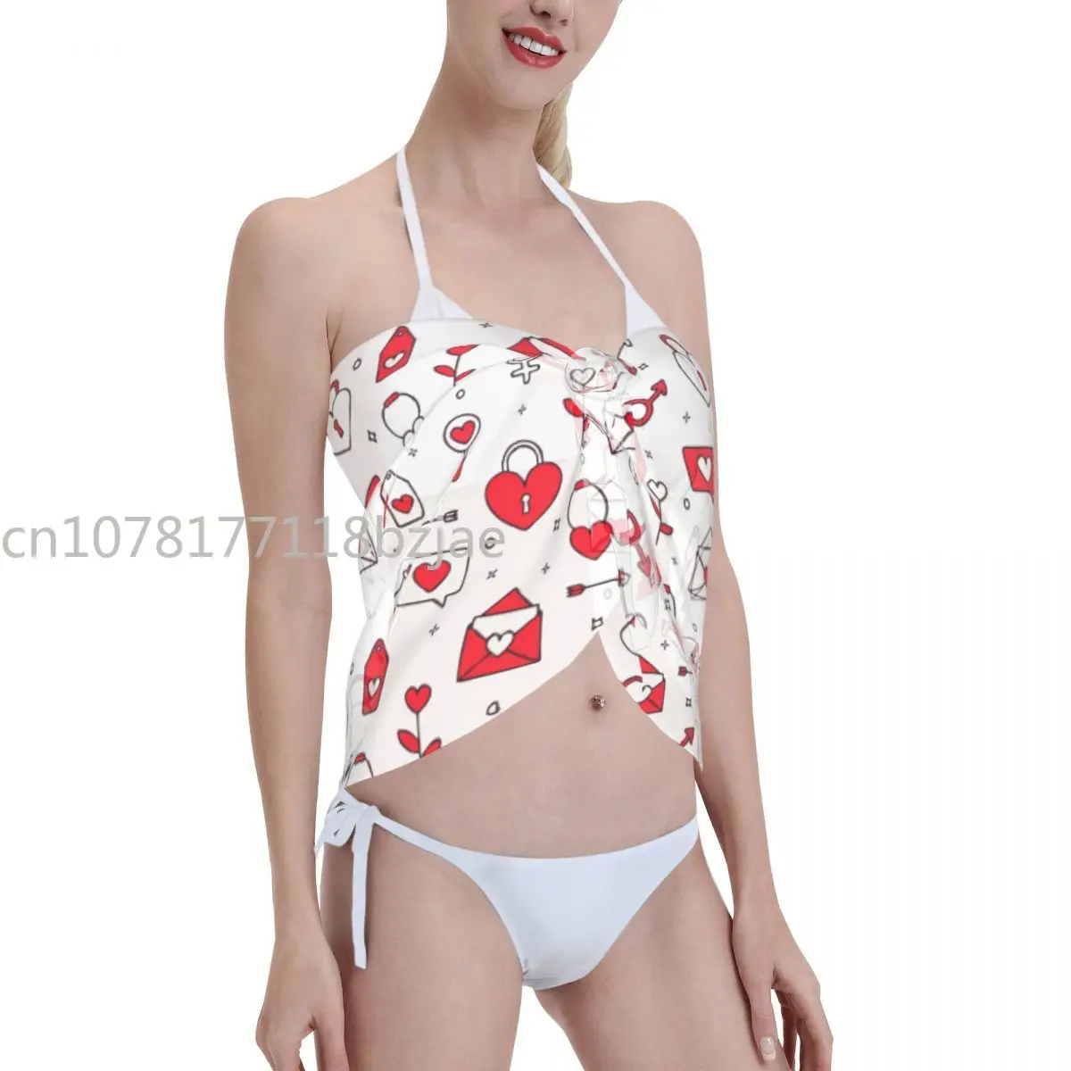 Traje de baño Sexy con patrón de amor para mujer, caftán, Sarong, falda para cubrir Bikini