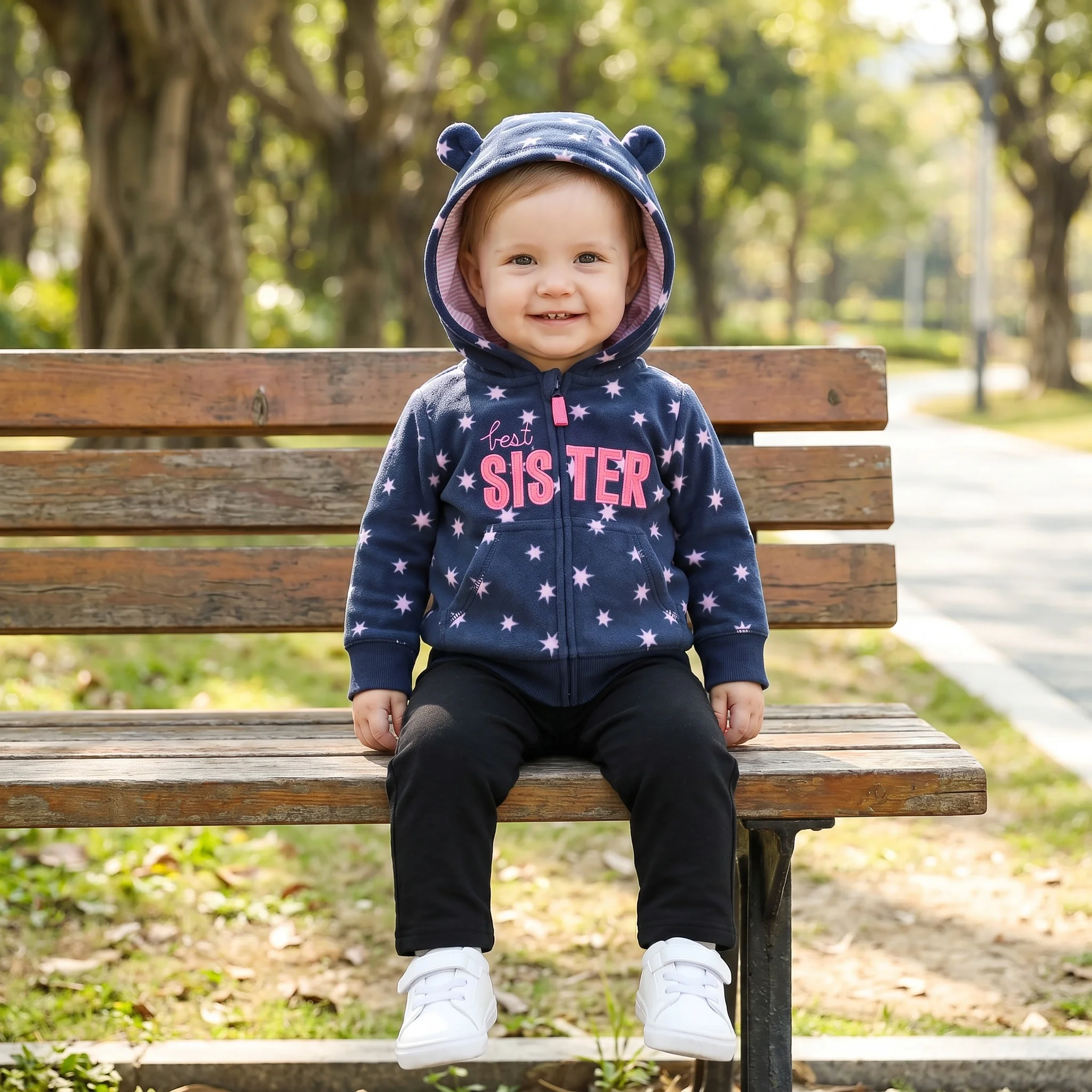 Navy Polar Fleece Baby Zip Hooded Jacket with Bear Ears Pink Star Print&Letter Embroidery Warm Outerwear For Girls Autumn Winter