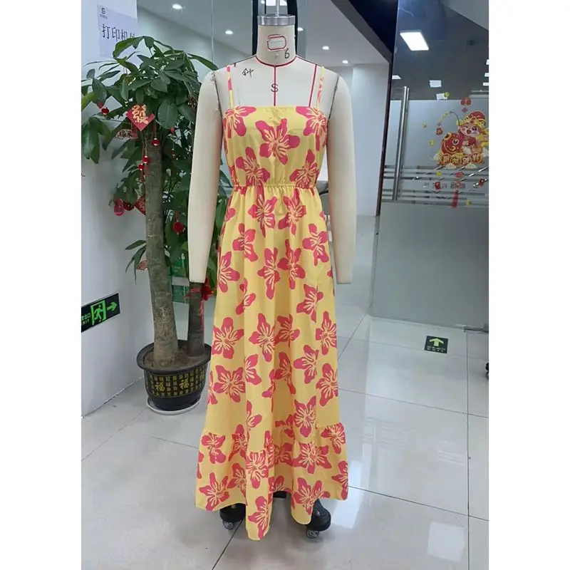 ผู้หญิงฤดูร้อนความงามดอกไม้พิมพ์แขนกุดปรับสายบางสแควร์คอBackless A-Line Slip Camiชุดยาว