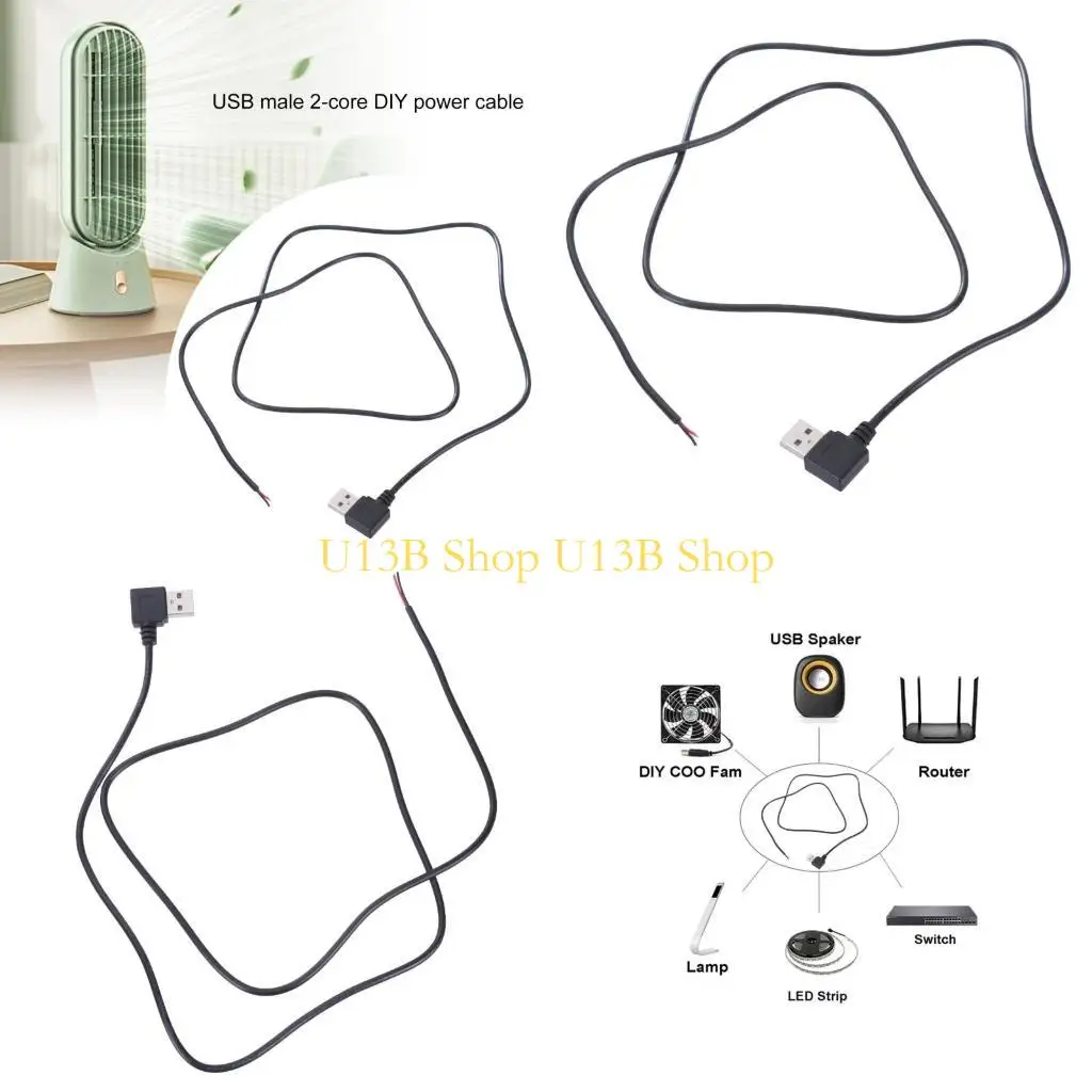 U13B Power Supply Cable for Light Fan USB Male 2 Pin Bare Wire Charging Cord