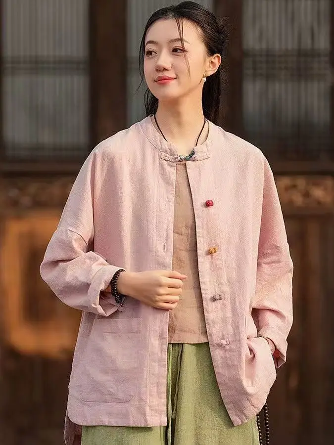 Retro Nieuwe Chinese Sle Losse Katoenen Linnen irt voor Vrouwen met Knop Open Vest Bovenkleding Grote Maat Top
