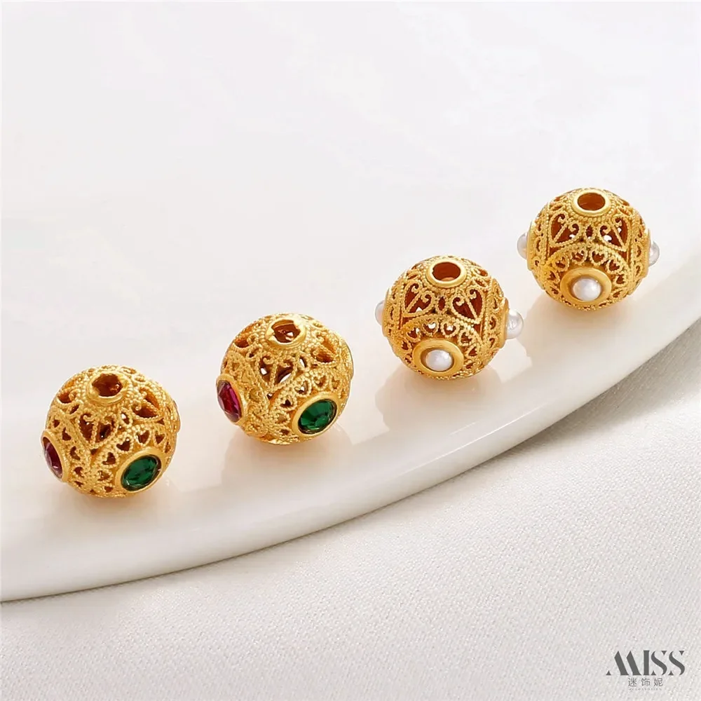 

18K Gold Matte Gold Color Hollow Round Beads Inlaid with Colored Diamonds Bead Spacer DIY Bracelet Necklace Beaded Accessories