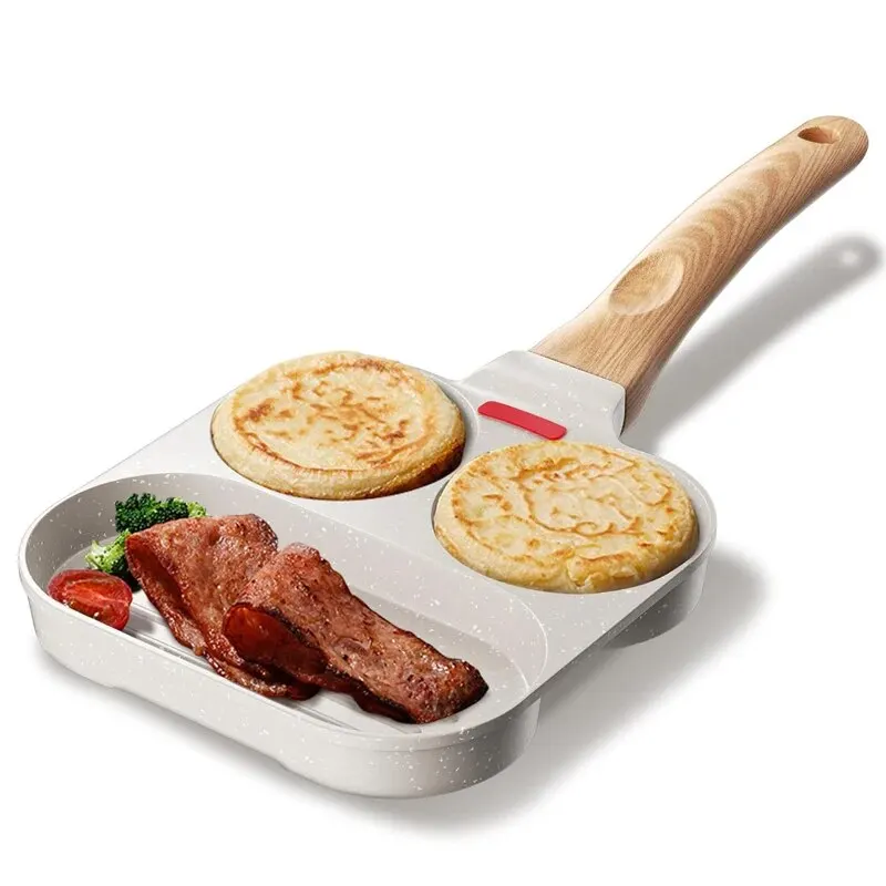 Non-stick 3 Hole/4 Hole Steak and Egg Omelette Thickened Omelet Pan with Wooden Handle Kitchenware