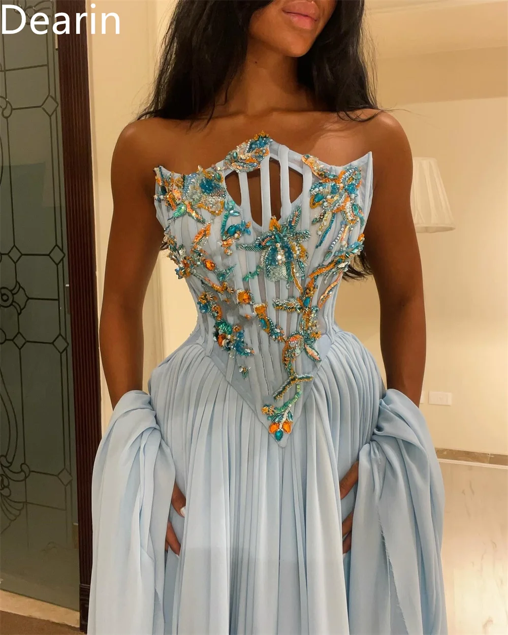 Customized Saudi Arabia Dearin Strapless A-line Floor Length Skirts Draped Layered Tulle Applique Sleeveless Bespoke Occasion Dr