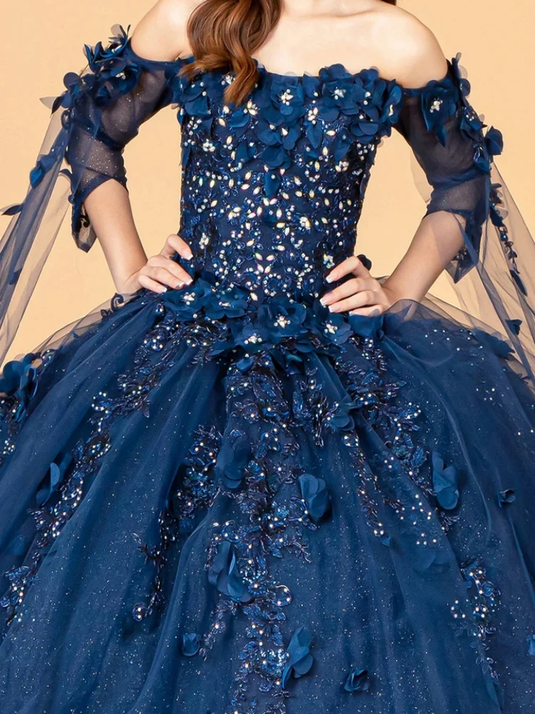 Maßgeschneidertes marineblaues Vestido De 15 Anos mit V-Ausschnitt, 3D-Blumenapplikation, Ballkleid, Damen-Geburtstagsparty-Kleid, 16. Abschlussball, Quinceanera 2025