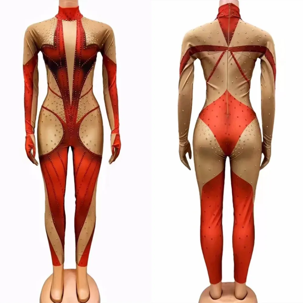나이트 클럽 바 고고 여성 댄서 가수 무대 착용 레드 크리스탈 점프 슈트 코스프레 의상 파티 쇼 레오타드 축제 레이브 복장