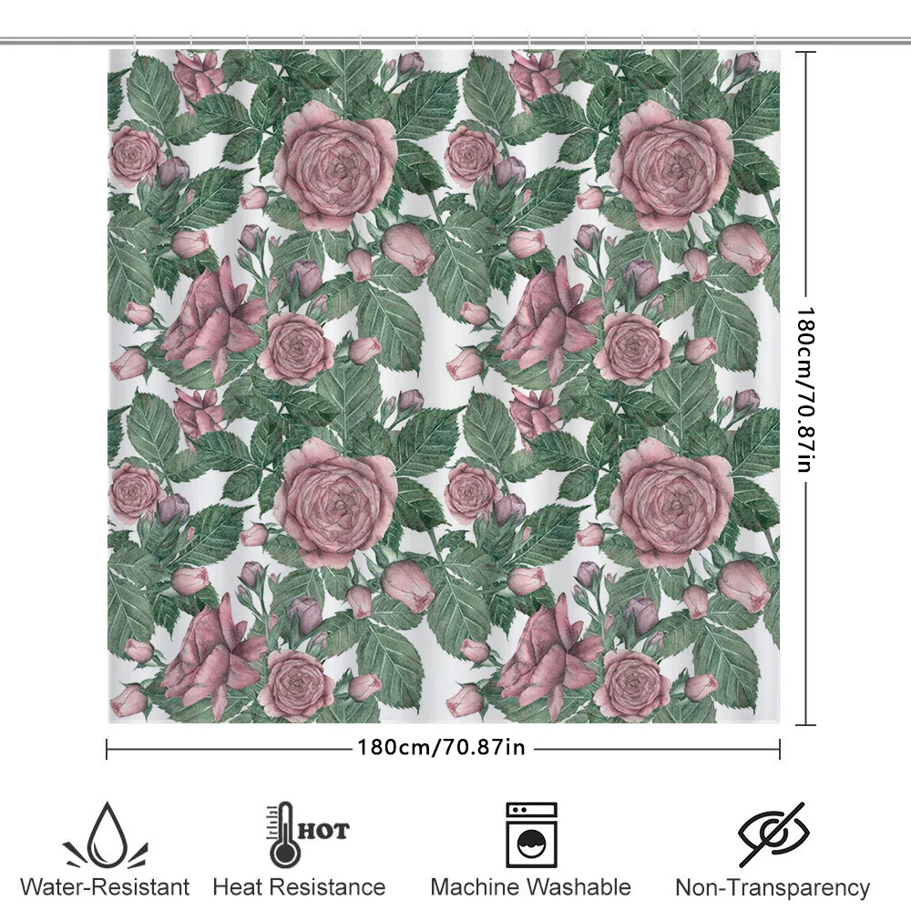 ستارة دش أنيقة بطبعة أوراق خضراء على شكل وردة مقاومة للماء لتزيين الحمام ديكور المنزل وردي 72 × 84 بوصة #6