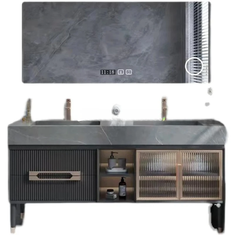 Heller, luxuriöser Badezimmerschrank aus Eichenholz, Kombination aus modernem, minimalistischem Waschbecken, wasserdichtem Waschtisch, Steinplatte, intelligenter Spiegelschrank