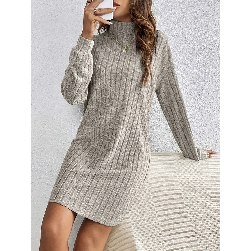 New 2026 High Waist Knitted Long Sleeve High Collar Casual Fashion Pure Color Women's Dress Autumn Winter Collection