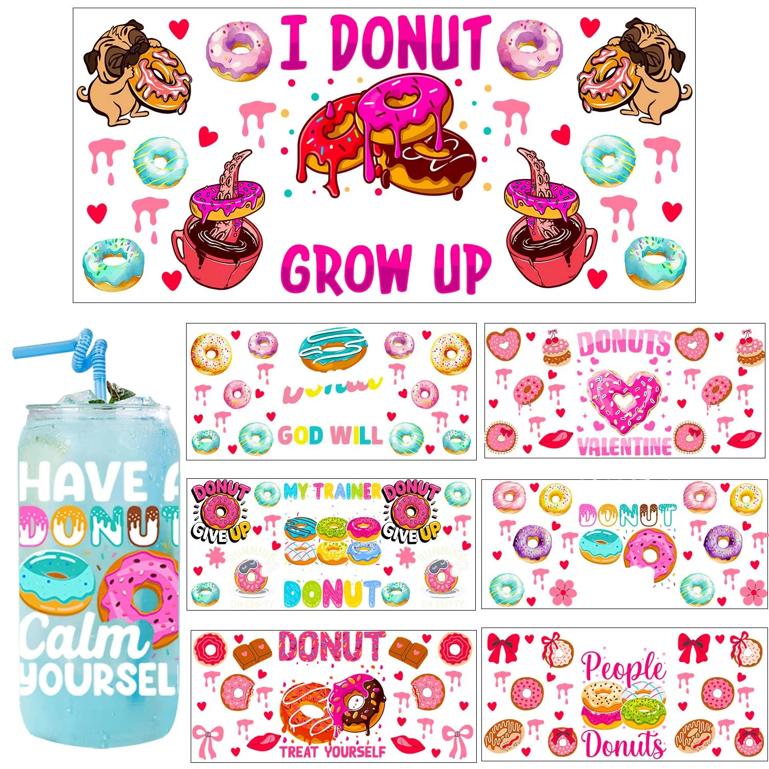 Funny I Love Donuts 16oz Rub On UV DTF Transfer Sticker Waterproof DIY Decals 3D Transfers UVDTF Sticker 16oz UV DTF Cup Wraps