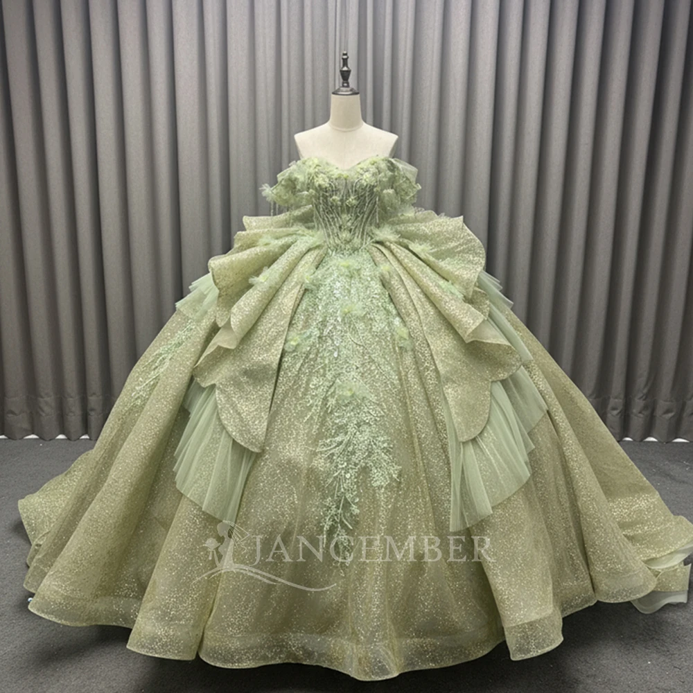 Customized Shiny Green Ball Gown Quinceanera Dress Beading Corset Sweet 16 Vestidos De 15 Anos Cap Sleeve Ruffles Lace Up Back