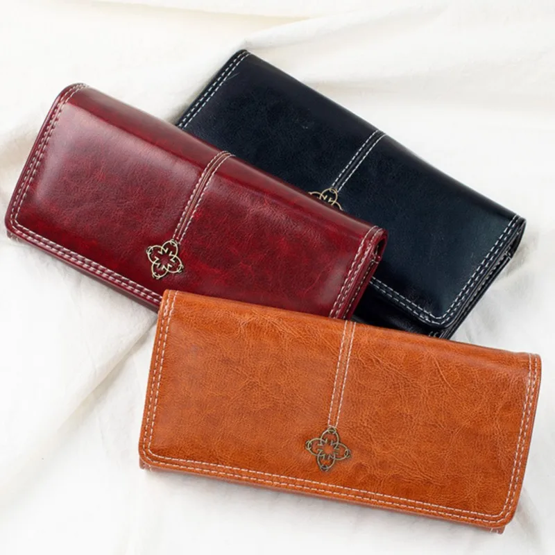 

Luxury Retro Oil-Wax Leather Long Wallet for Women Multi-Slot Card Holder Large-Capacity Coin Purse High-End Ladies' Carteras