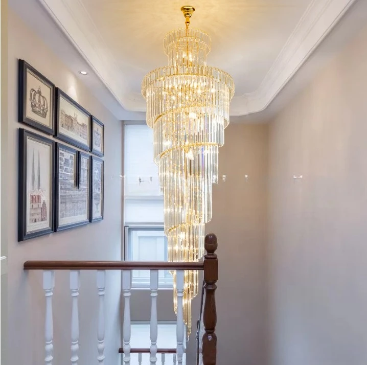 Duplex villa living room hollow crystal chandelier, large duplex revolving staircase, LED style light luxury home