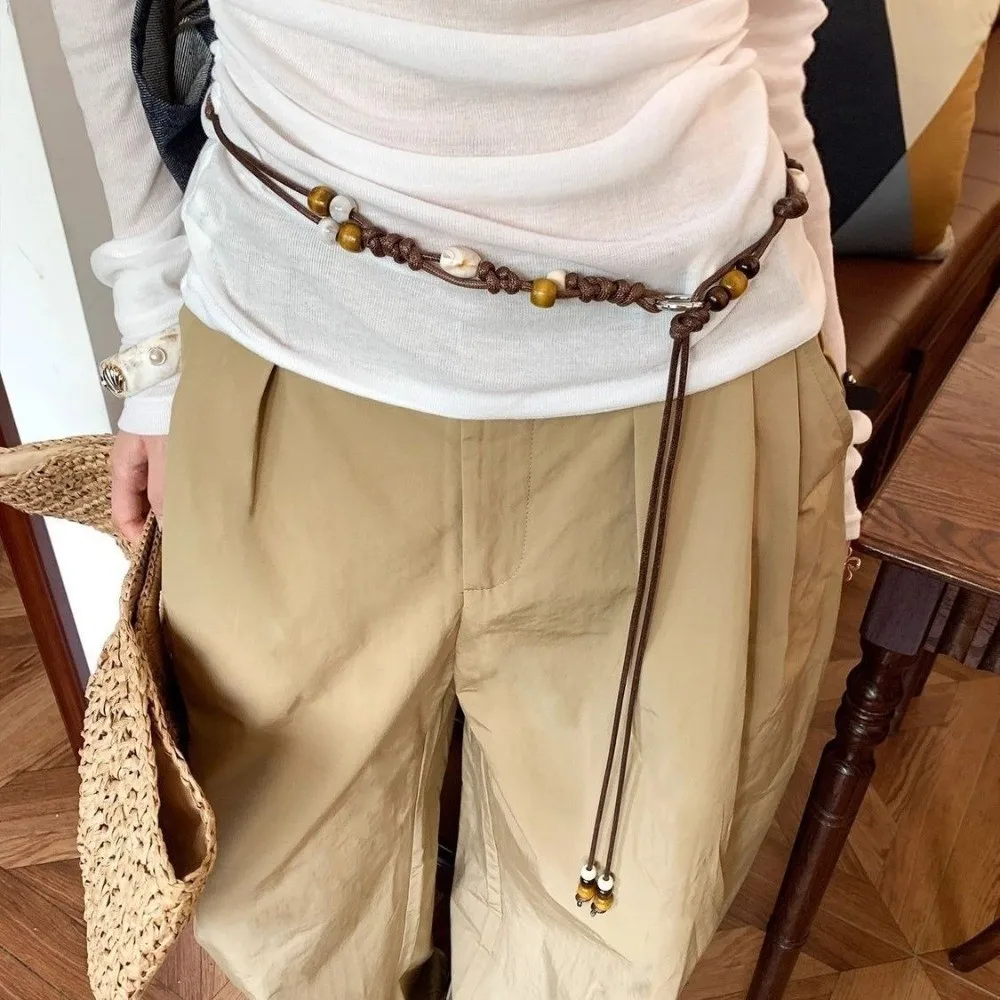 Ethnic Hand-Woven Waist Chain Adjustable Wooden Bead Decorative Waist Belt High-End Slenderizing Waist Rope for Dress and Jeans