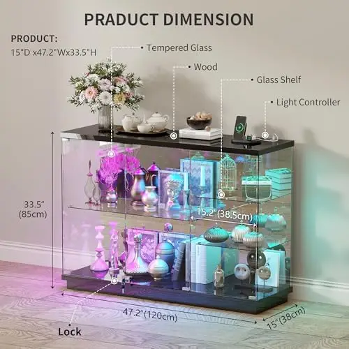 RGB Glass Display Cabinet - with Human Body Sensor, High Gloss Sideboard with Lock & Glass Shelves for Toys, Books