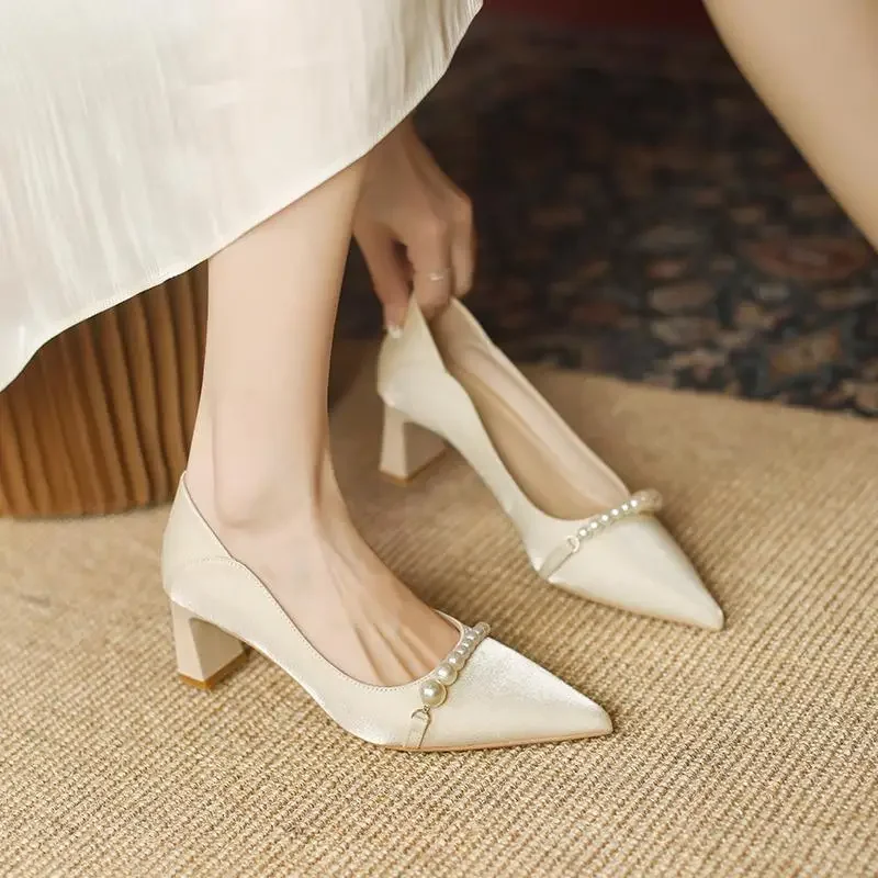 Wedding Bride Shoe Beige Chunky Heels High Pointed Toe Women\'s Shoes Ladies Footwear Square Pearl Genuine Mark Quality Lastest L