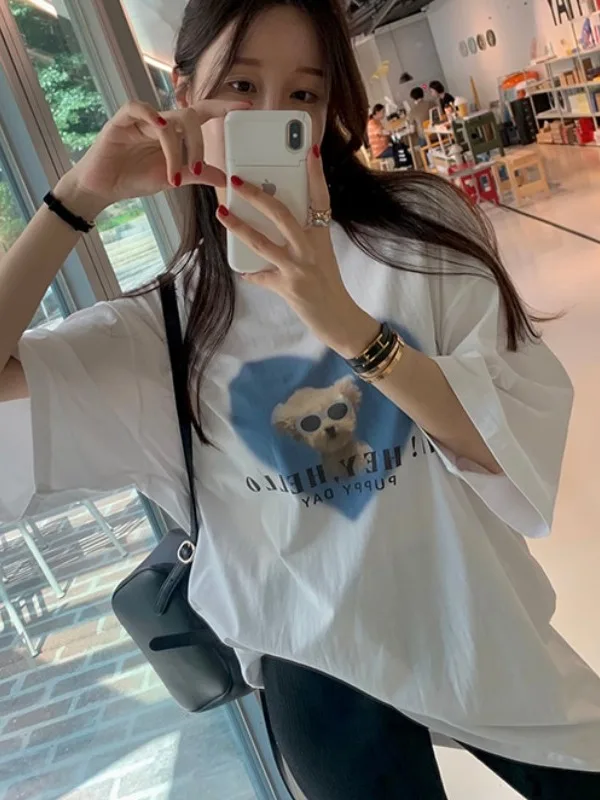 

Свободная футболка Summer New Street Sle And Dog Head Image ort Sve Женский топ Dongda Gate Весенний сезон круглый Ne