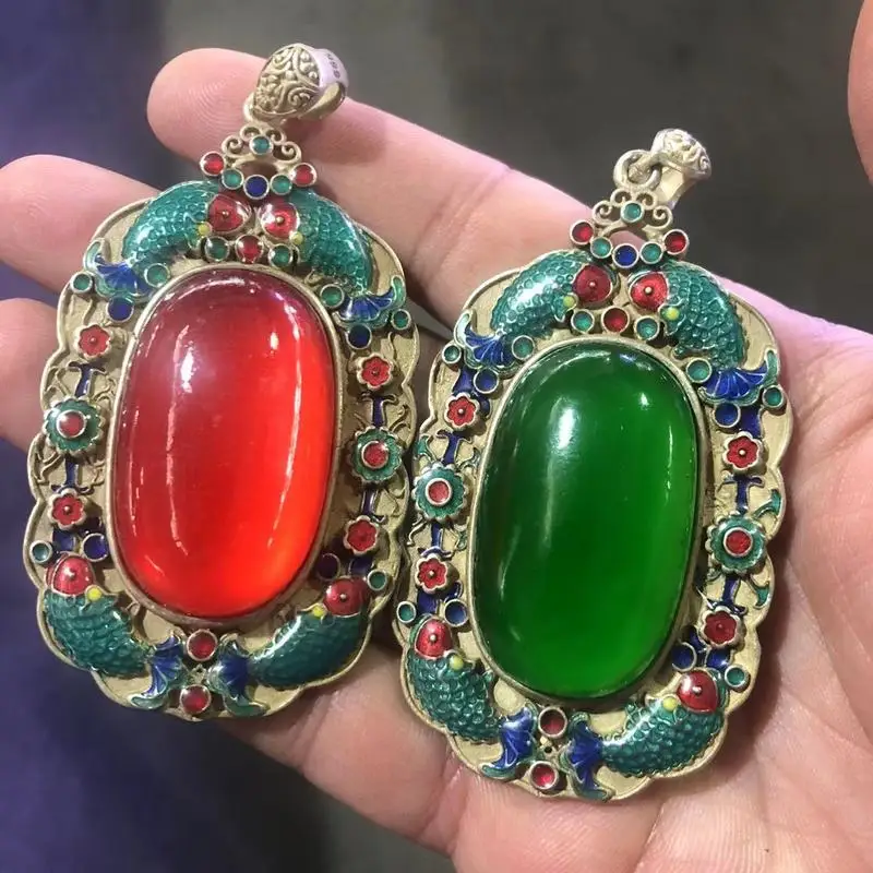 Antique Miscellaneous Retro-Style Silver Inlaid With Green Jade Square Pendant, A Decorative Piece