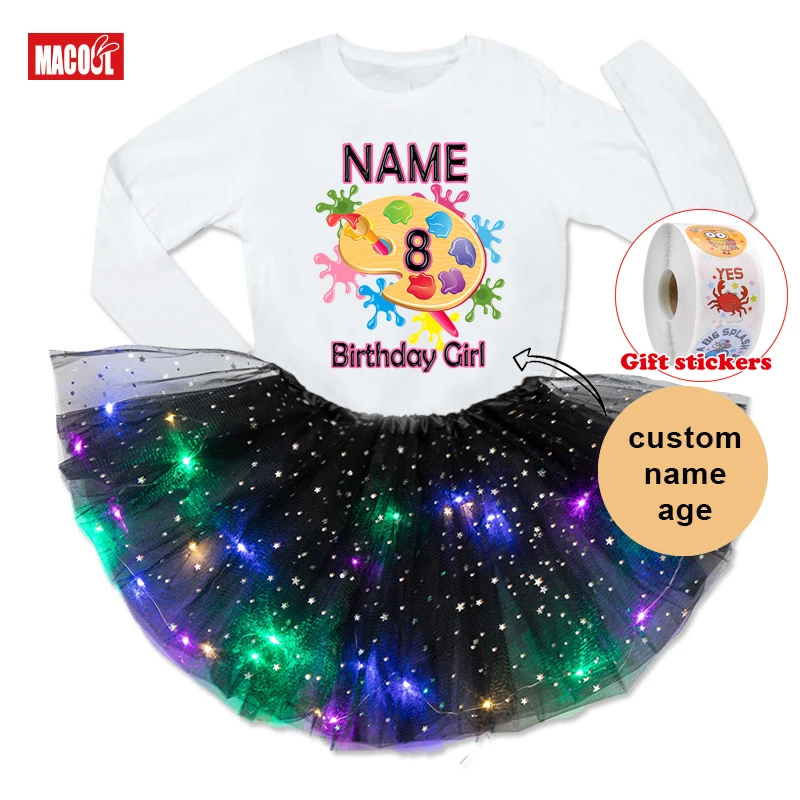 

Kids Girls Rainbow Drawing Board Dress Baby Girls Clothes Birthday Dresses 3PC Kids T-shirt+Girls' Skirt+Children's Stickers