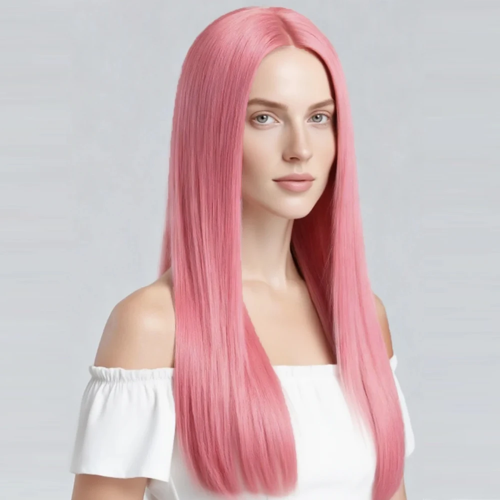 

28 inch pink straight synthetic wig with a stylish and elegant basic style, suitable for daily party use by all women