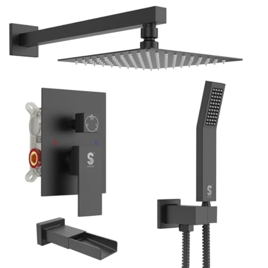 

12 Inches Bathtub Shower Faucet Set All Metal Shower System with Tub Spout 1.8GPM Square Shower Head and Handheld Sprayer Showe