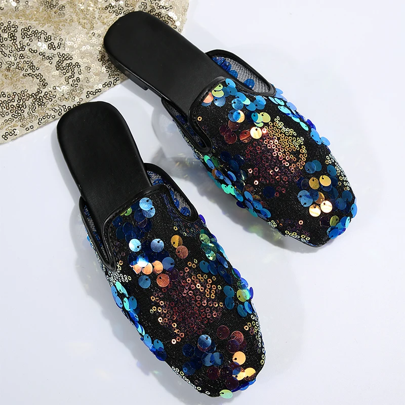 Damskie Bling Flats Mules buty letnie kwadratowe noski przytulne pantofle casualowe nowa 2024 sukienka chodząca pantofle klapki Mujer Zapatos