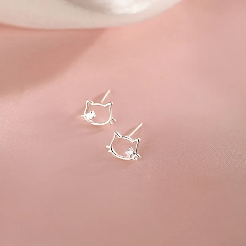 Hot Sale 925 Sterling Silver Anime Cute Cat Kitty Rhinestone Stud Earrings For Women Girl Jewelry Gift LE017