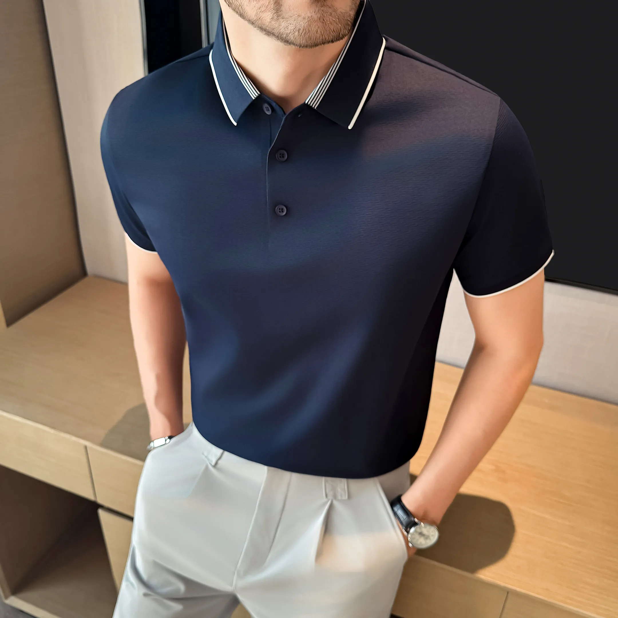 Summer Ice Silk Seamless Polo Shirts 2026 New Men's Casual Business Versatile Short Sleeved Breathable Cotton T-shirt Top
