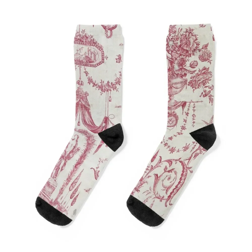 

Toile de Jouy 18th Century French Print: Pink Floral Print with Figures Socks Crossfit Non-slip Men Socks Women's