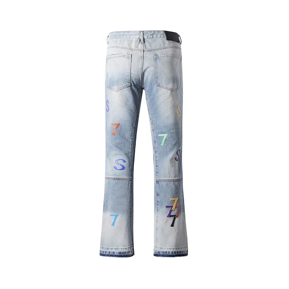 Top Quality Retro Blue Flared Jeans Men Letters Leather Patches New Stacked Denim Bell-Bottoms 100% Cotton Sweatpant For Male