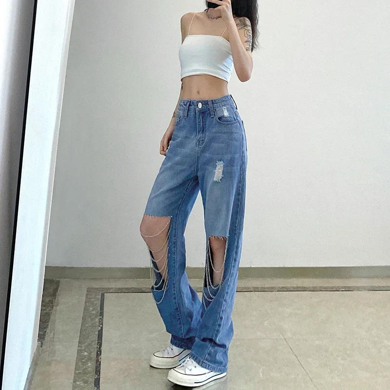 Cyber Y2k Vintage Hollow Hole Chain Straight Jeans Women High Waist Loose Denim Long Pants Summer Casual Streetwear 90s Trousers