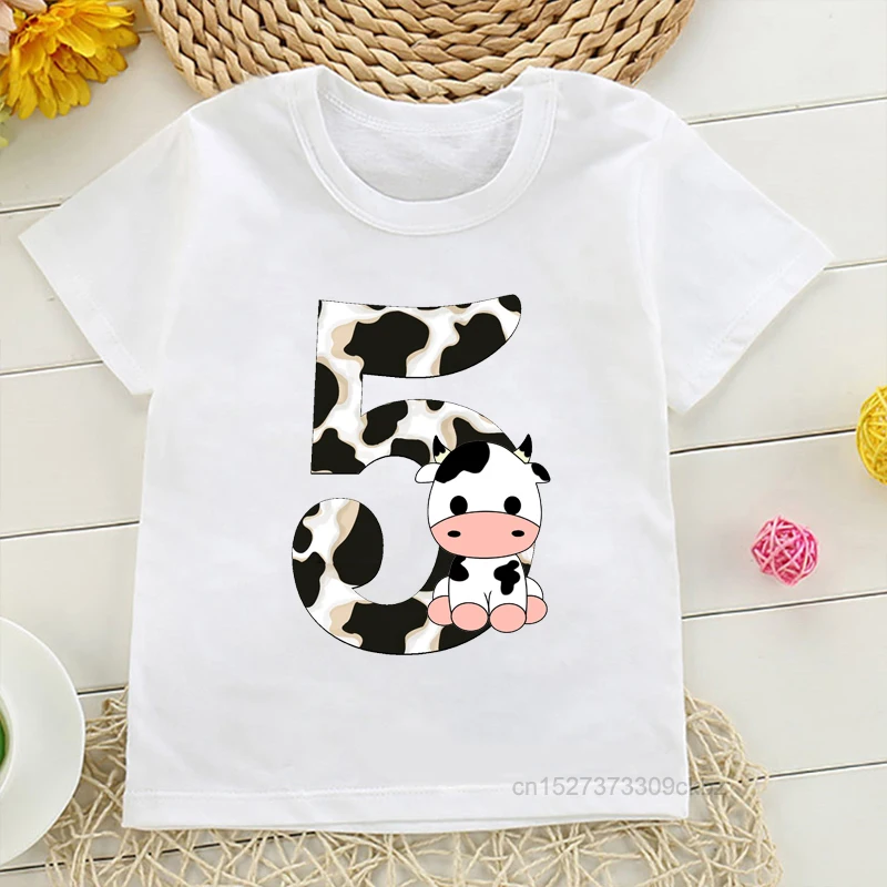 Children’S Birthday Number 1-9 Cute Cows Print T-Shirts Girl Pink Numbers White Short Sleeve Boy Funny Clothes Tee Tops