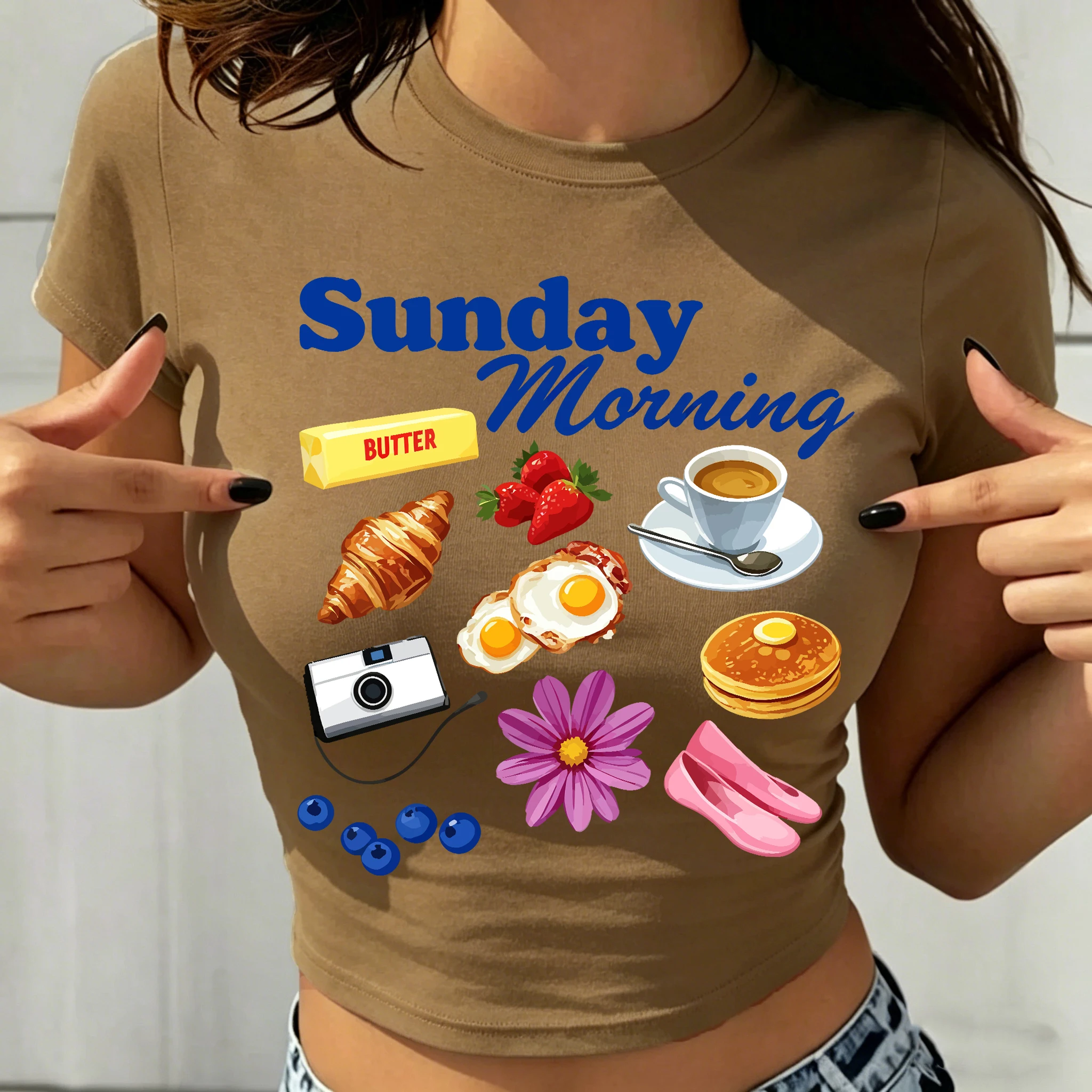Sunday Morning Food Design Crop T-Shirt Women Summer Breathable Short Sleeve Elasticity Cotton Top Y2K Slim Crewneck Streetwear