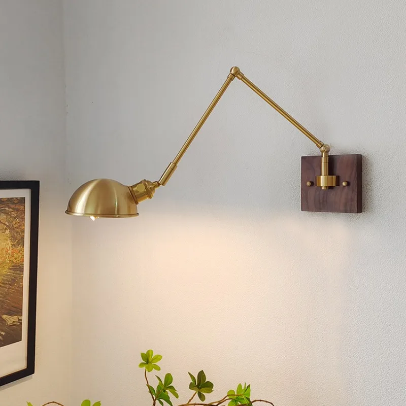 Nordic Brass Walnut Retro Long Arm Telescopic With Switch Wall Lamps Living Room Bedroom Bedside Aisle Study Reading Wall Lights