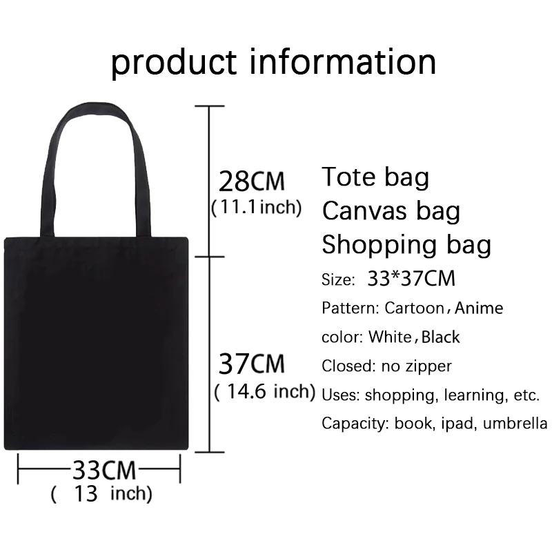 Sac de Shopping en toile noire pour femmes, fourre-tout décontracté réutilisable, sac à bandoulière à motif blanc imprimé, sac à main pliable de grande capacité