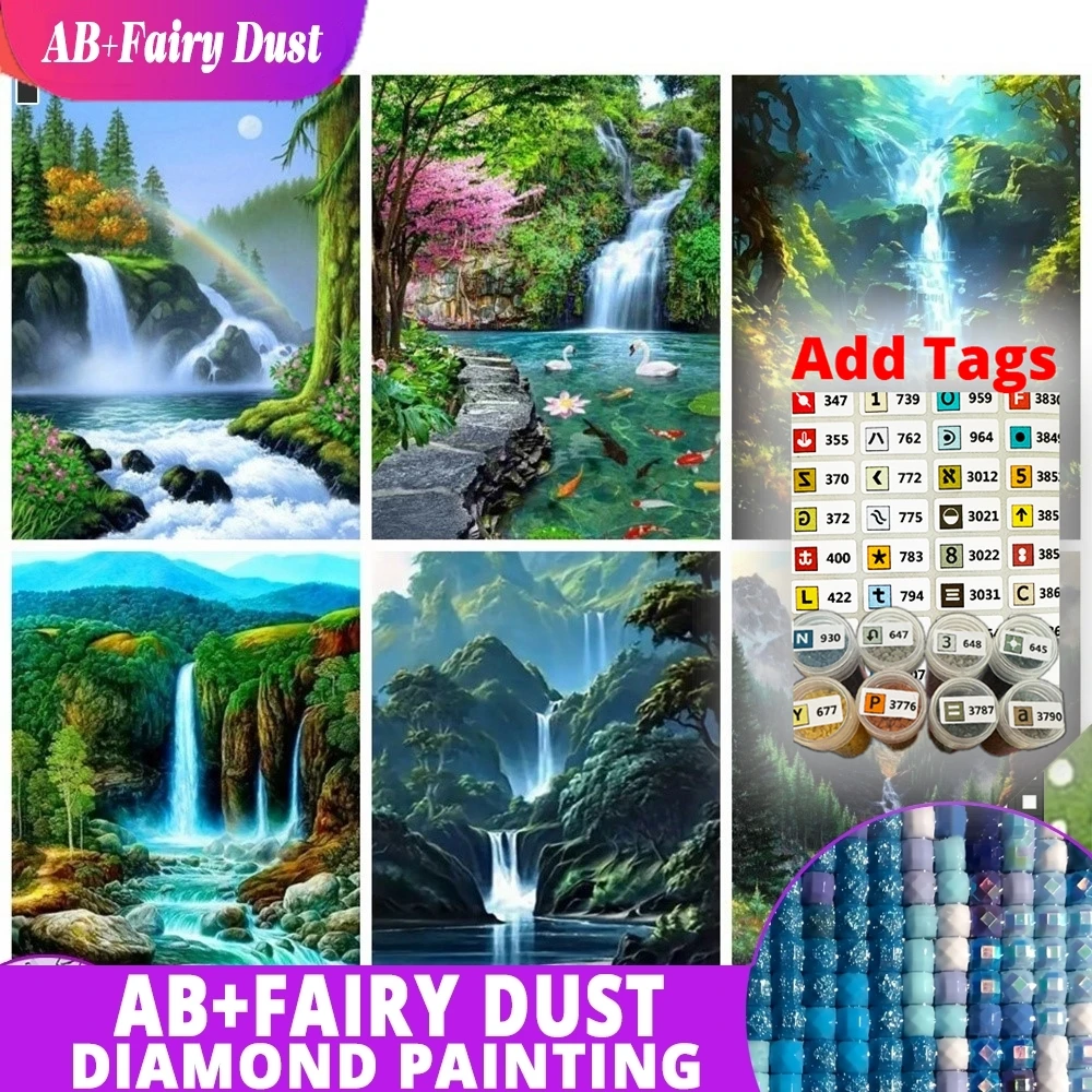 

AB Fairy Dust DMC stickers Waterfall Full Diamond Painting Landscape 5d Mosaic Mountain Art Wall Decoration For Home Diy Gift Cr