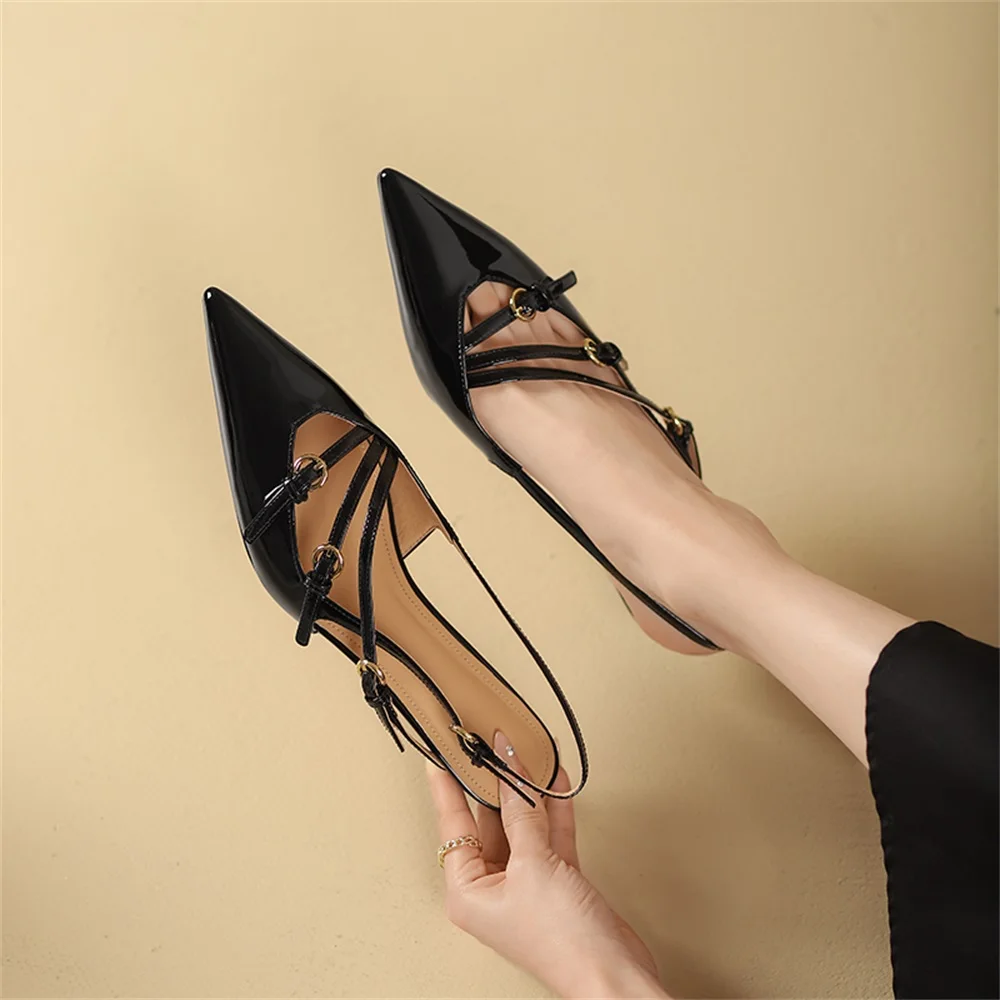 RIZABINA New Size 34-40 Women Slingback Pumps Sexy Pointed Toe Chic Thriple Belt Buckle Design Elegant Daily Thin Heel Footwear