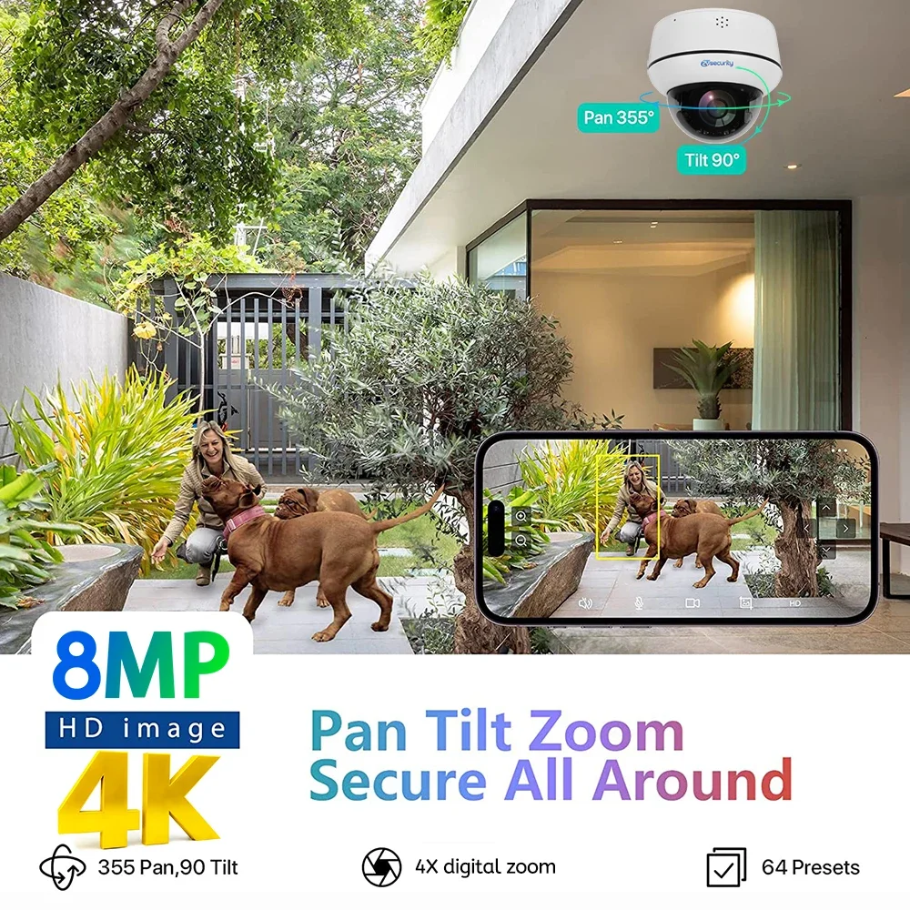 4K PTZ Dome Camera Outdoor 8MP Auto Tracking Human/Vehicle Detect PoE IP Camera Indoor 2-way Audio Wireless Home Security Camera