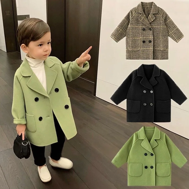 Spring Autumn 2023 Boys Jackets Child Girl Woolen Double-breasted Baby Trench Coat Lapel Kids Outerwear Winter Wool Overcoat